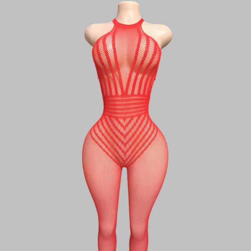Red Halter Neck Striped Fishnet Bodystocking
